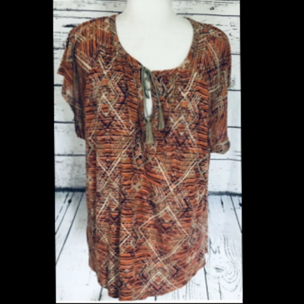 Lucky Brand Women’s XL Blouse Short Sleeves Multicolored Aztec Print Tassels